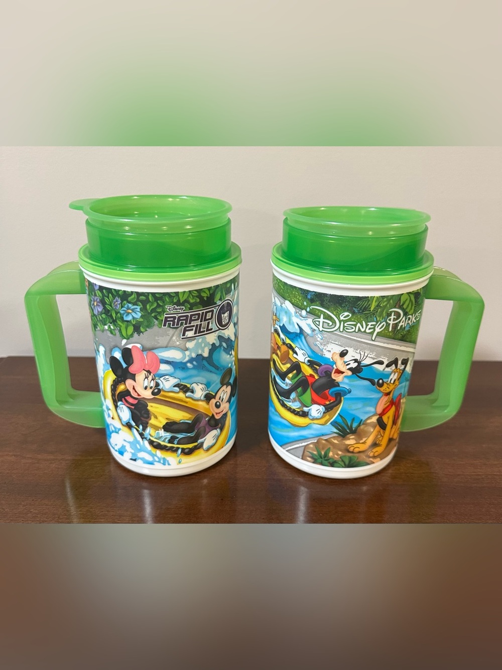 *EUC* Walt Disney Parks Rapid Refill Green Mug Set 2 Mickey and Friends